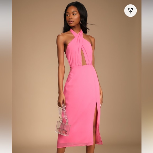 Lulus Dresses & Skirts - Lulu’s Flirty Chic Pink Cutout Twist-Front Halter Midi Dress Womens Medium